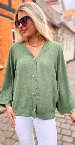 Tiffany bluse med guldknapper khaki LikeLondon