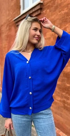 Tiffany bluse med guldknapper royal blue LikeLondon