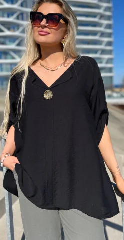 Tracy kortærmet bluse med bronze knap sort LikeLondon