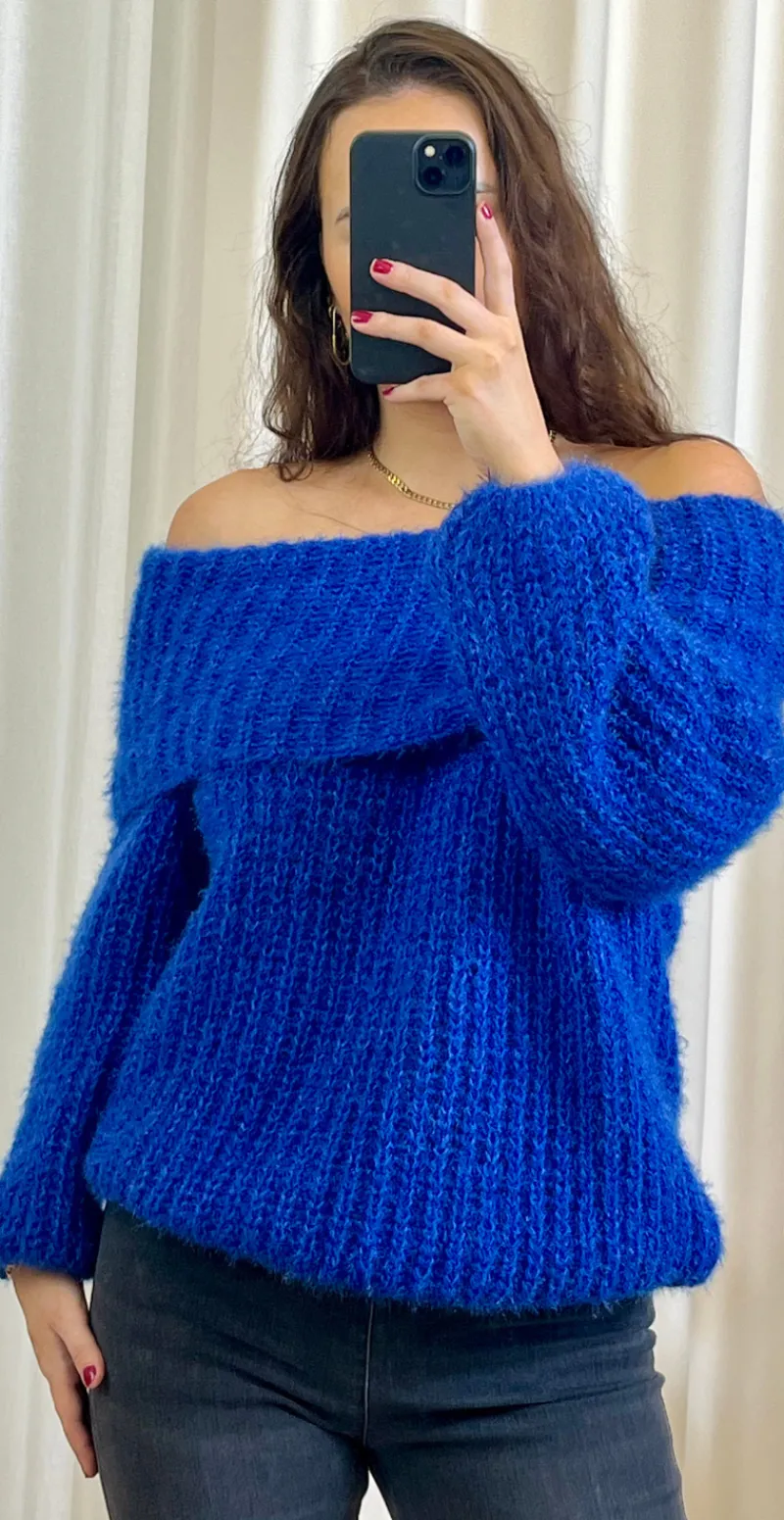 Veronica off shoulder strik royalblå LikeLondon