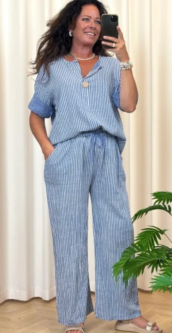 Vibe bluse med striber og træknap denim LikeLondon