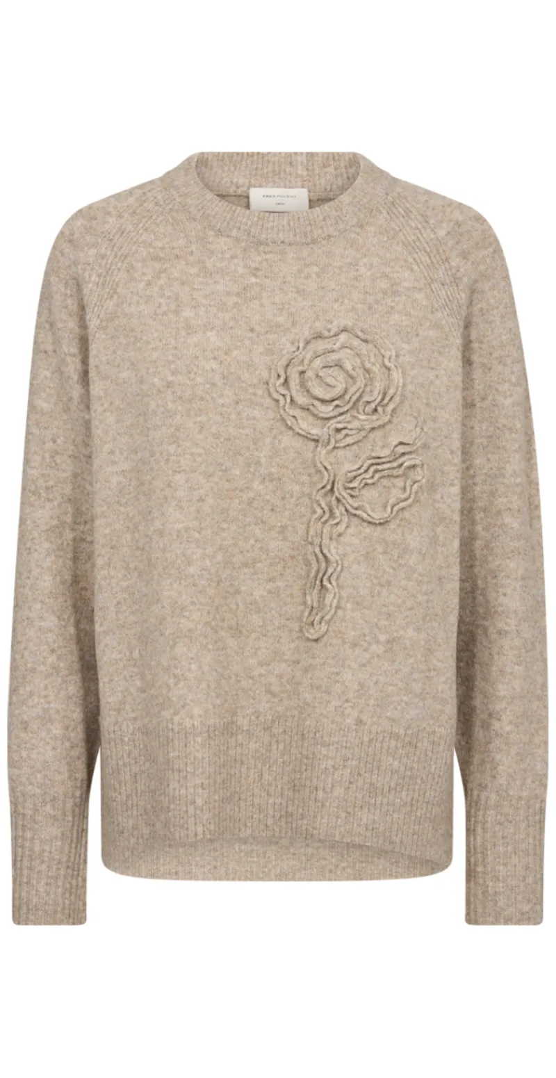 Vidoo strik pullover med broderet blomst taupe