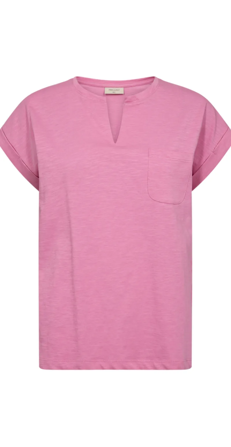 Viva T-shirt med v-hals og lomme fuchsia pink
